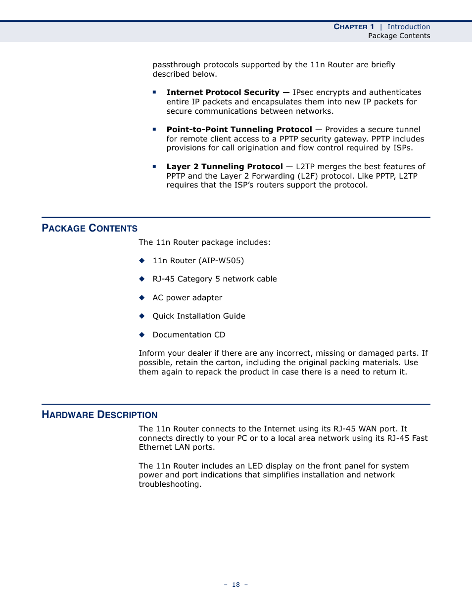 Package contents, Hardware description | ALFA NETWORK AIP-W505 User Manual | Page 18 / 135