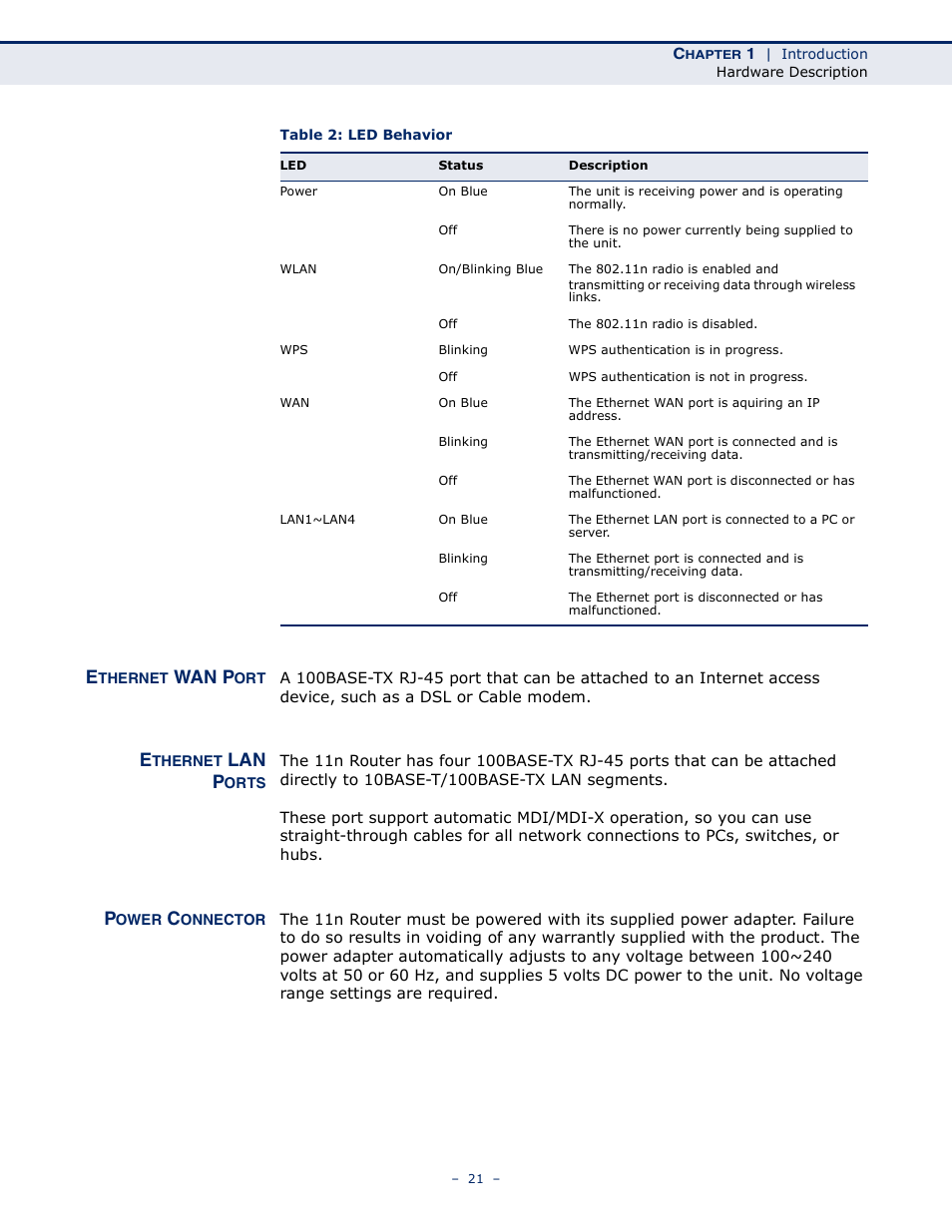 Ethernet wan port, Ethernet lan ports, Power connector | Table 2: led behavior, Wan p, Lan p | ALFA NETWORK AIP-W505 User Manual | Page 21 / 135