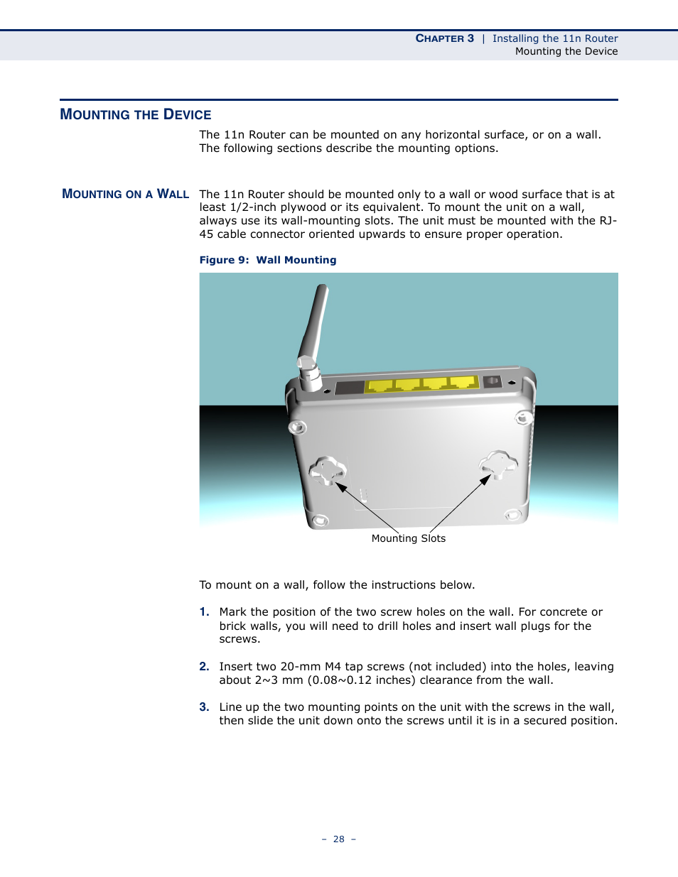 Mounting the device, Mounting on a wall, Figure 9: wall mounting | ALFA NETWORK AIP-W505 User Manual | Page 28 / 135