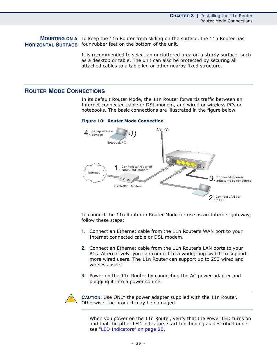 Mounting on a horizontal surface, Router mode connections, Figure 10: router mode connection | ALFA NETWORK AIP-W505 User Manual | Page 29 / 135