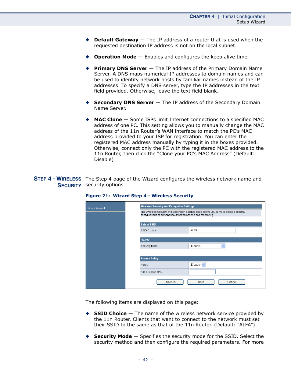 Step 4 - wireless security, Figure 21: wizard step 4 - wireless security | ALFA NETWORK AIP-W505 User Manual | Page 42 / 135