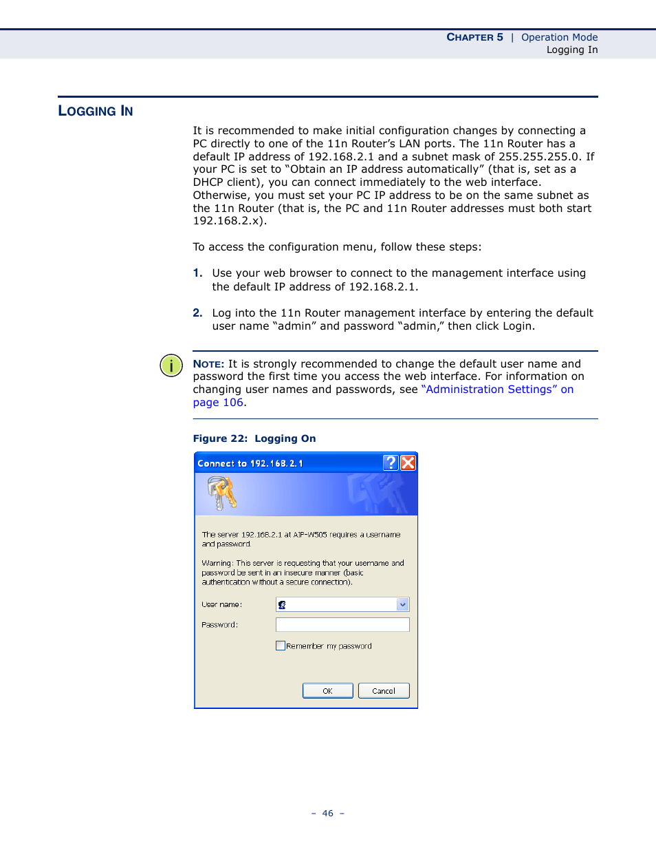 Logging in, Figure 22: logging on | ALFA NETWORK AIP-W505 User Manual | Page 46 / 135