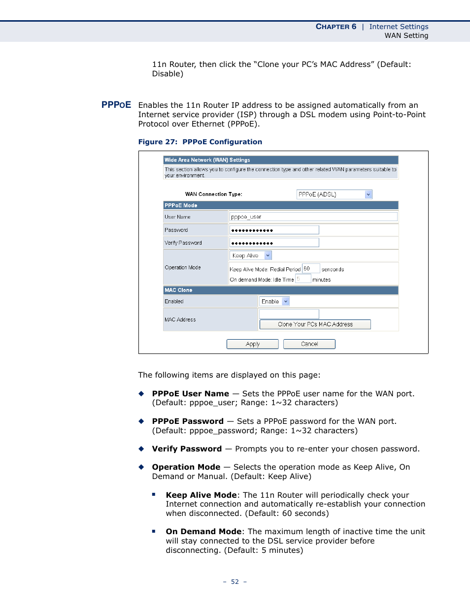 Pppoe, Pppoe 52, Figure 27: pppoe configuration | ALFA NETWORK AIP-W505 User Manual | Page 52 / 135