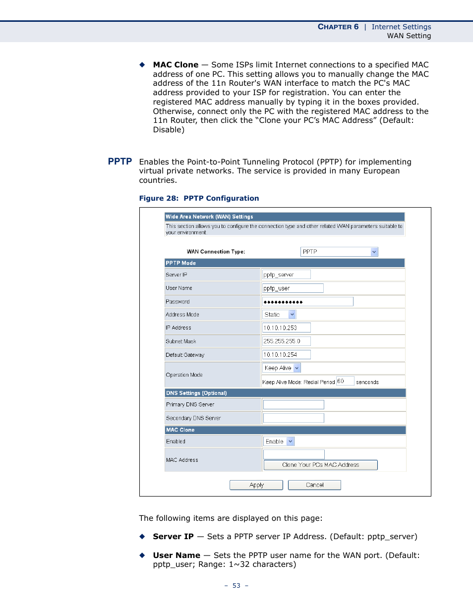 Pptp, Figure 28: pptp configuration | ALFA NETWORK AIP-W505 User Manual | Page 53 / 135