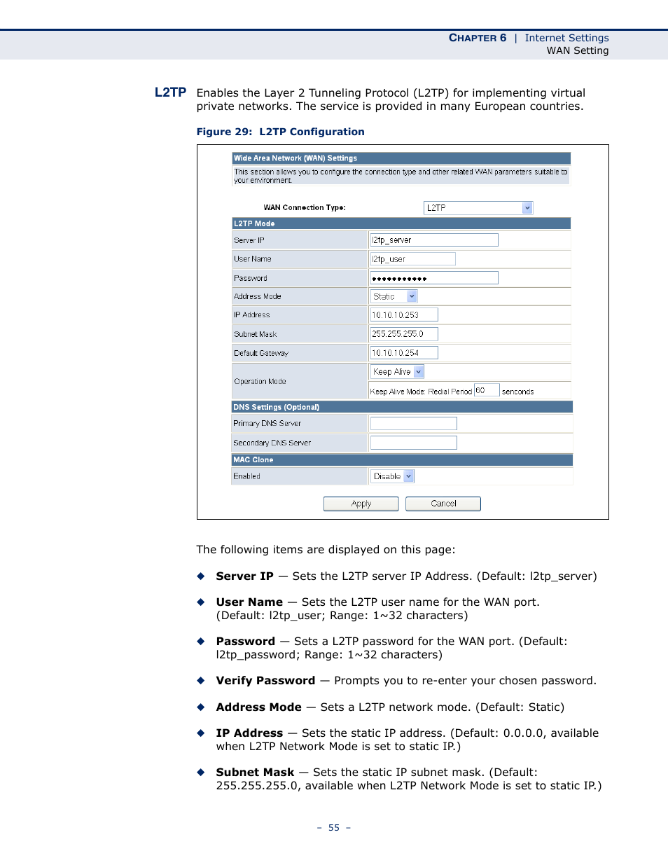 L2tp, Figure 29: l2tp configuration | ALFA NETWORK AIP-W505 User Manual | Page 55 / 135