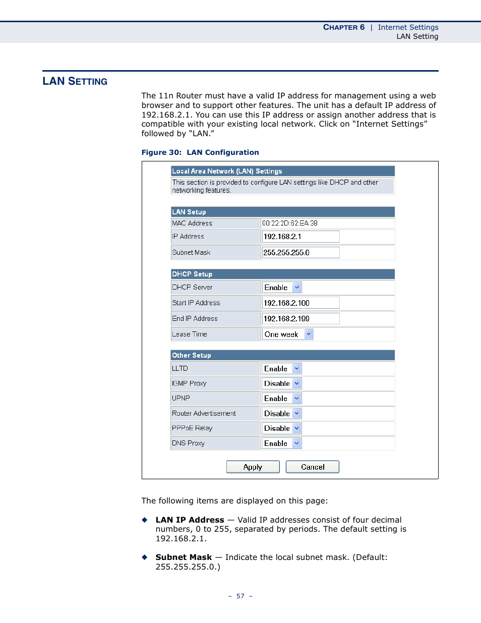 Lan setting, Figure 30: lan configuration, Lan s | ALFA NETWORK AIP-W505 User Manual | Page 57 / 135