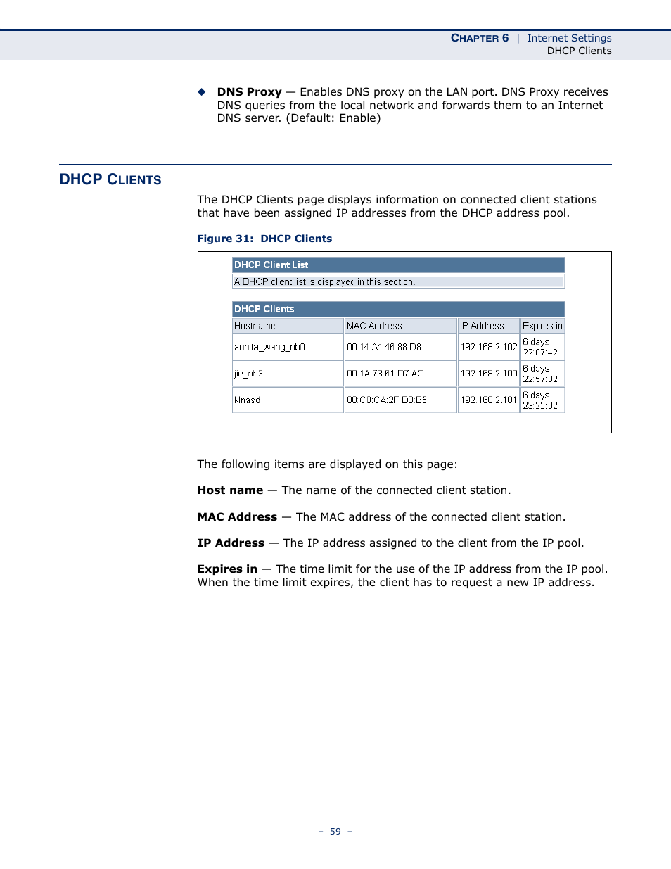 Dhcp clients, Figure 31: dhcp clients, Dhcp c | ALFA NETWORK AIP-W505 User Manual | Page 59 / 135