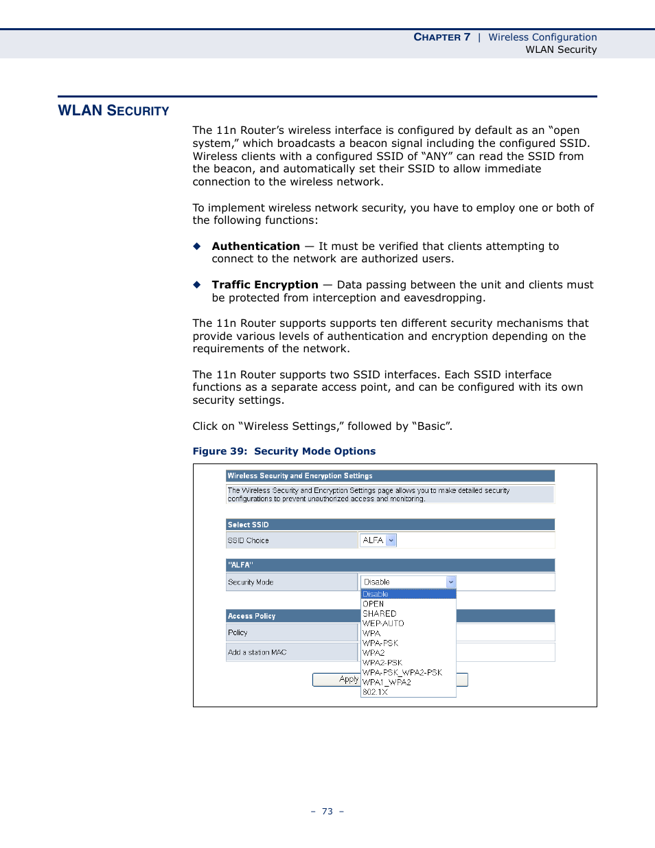 Wlan security, Figure 39: security mode options, Wlan s | ALFA NETWORK AIP-W505 User Manual | Page 73 / 135