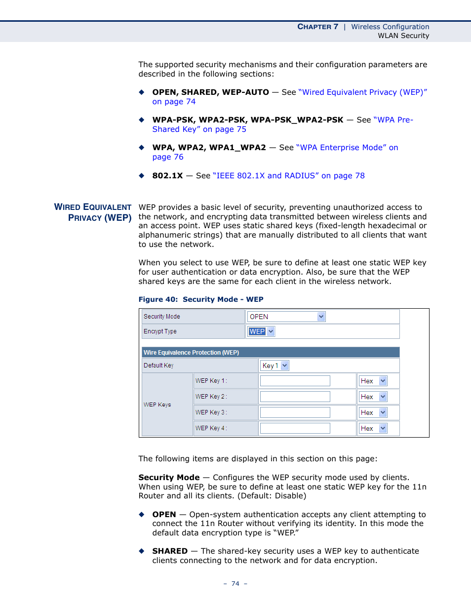 Wired equivalent privacy (wep), Figure 40: security mode - wep | ALFA NETWORK AIP-W505 User Manual | Page 74 / 135