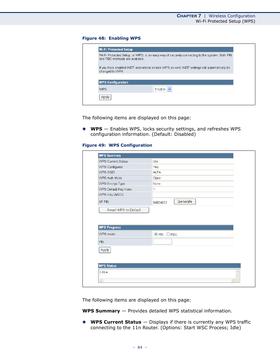 Figure 48: enabling wps, Figure 49: wps configuration | ALFA NETWORK AIP-W505 User Manual | Page 84 / 135