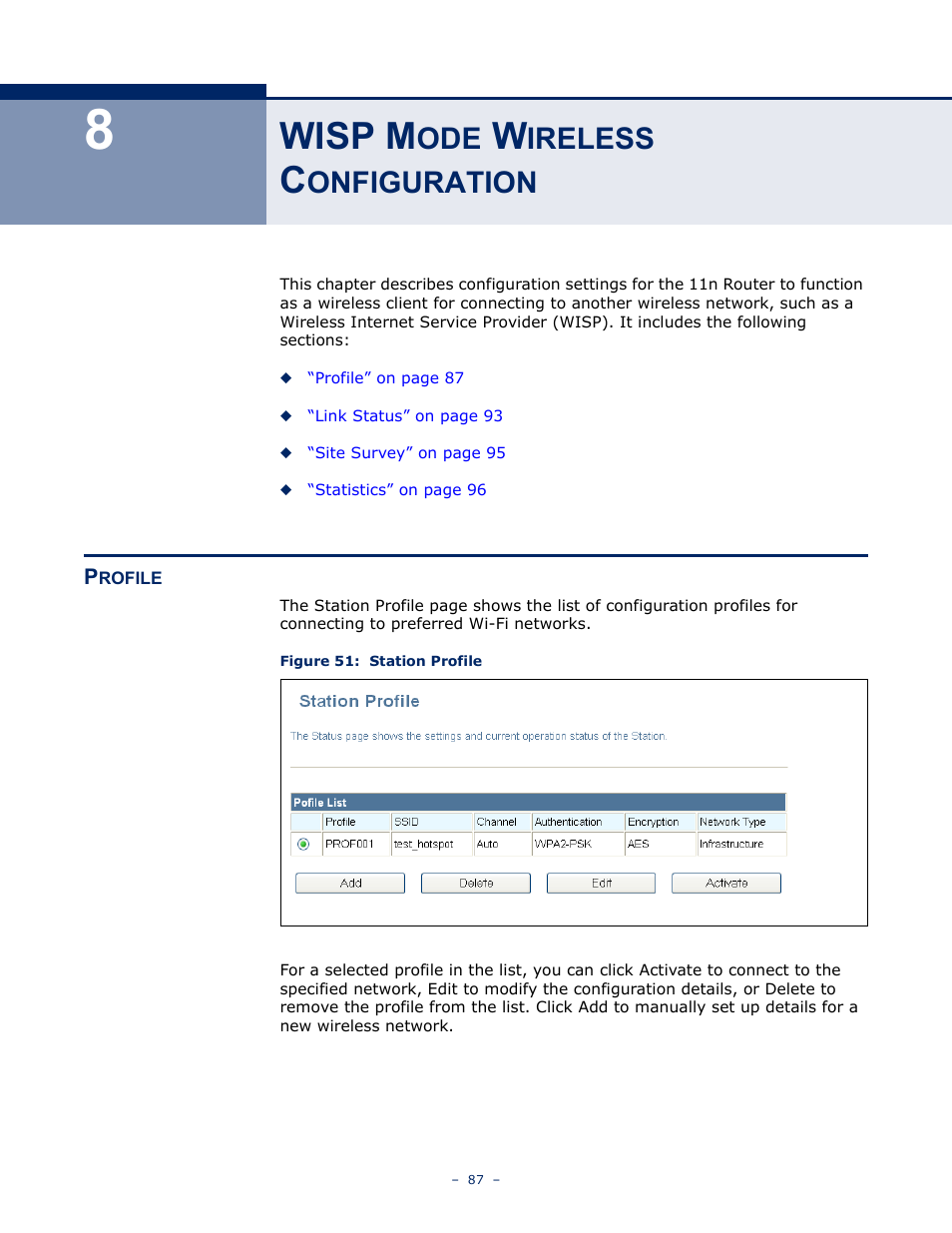 Wisp mode wireless configuration, Profile, 8 wisp m | Ireless, Onfiguration, Figure 51: station profile, Wisp m | ALFA NETWORK AIP-W505 User Manual | Page 87 / 135