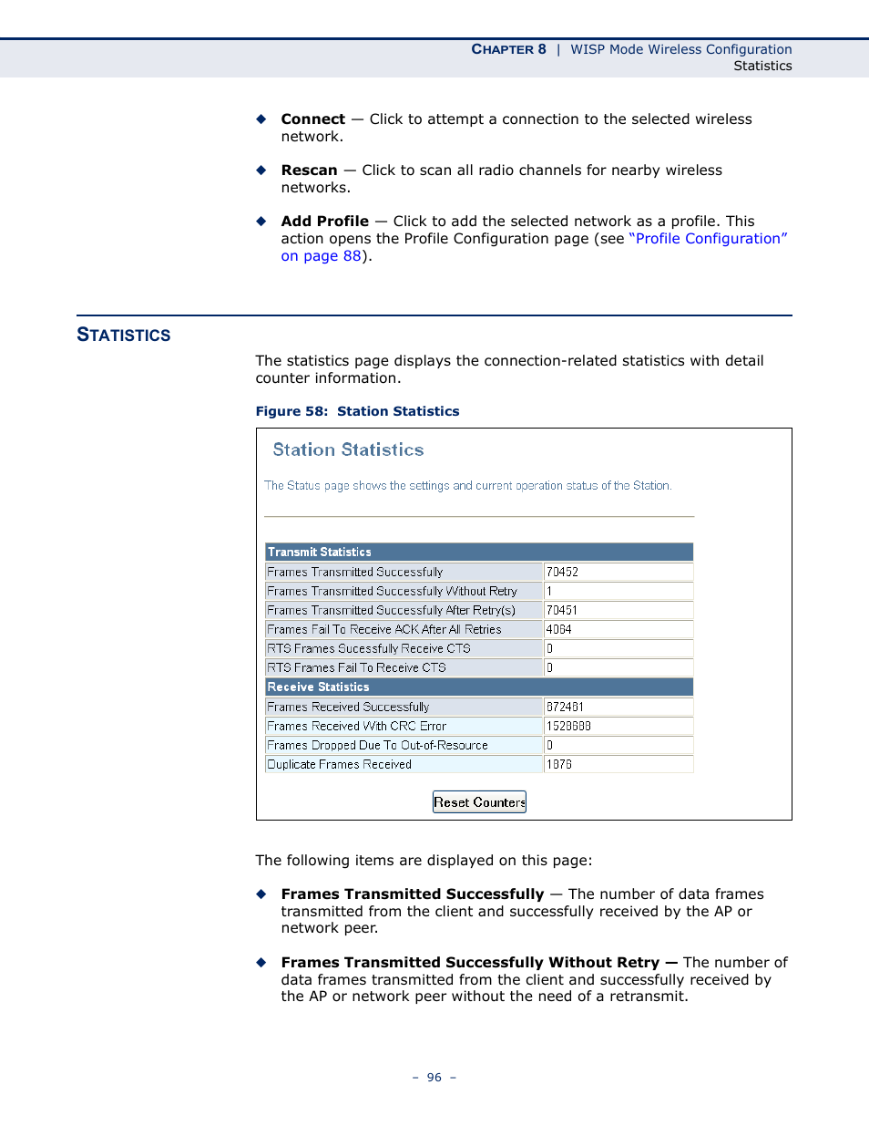 Statistics, Statistics 96, Figure 58: station statistics | ALFA NETWORK AIP-W505 User Manual | Page 96 / 135