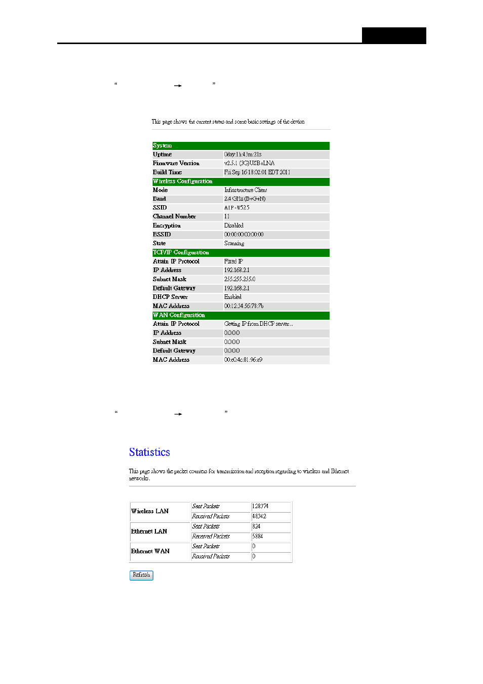 Status, Statistics | ALFA NETWORK AIP-W525H User Manual | Page 55 / 69