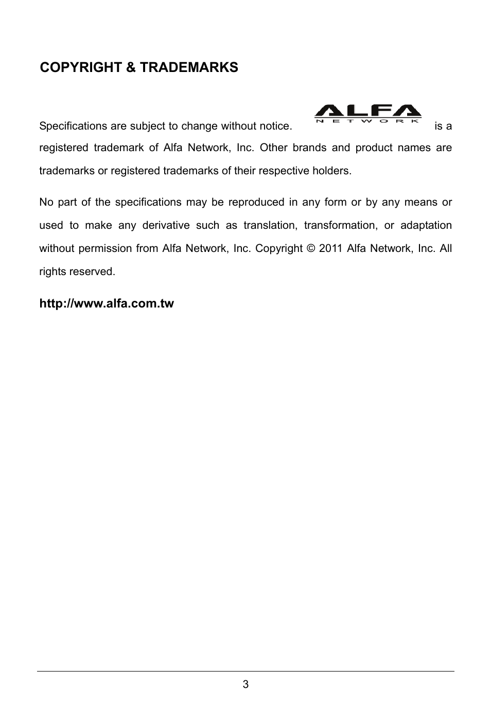Copyright & trademarks | ALFA NETWORK AWAP411 User Manual | Page 4 / 4