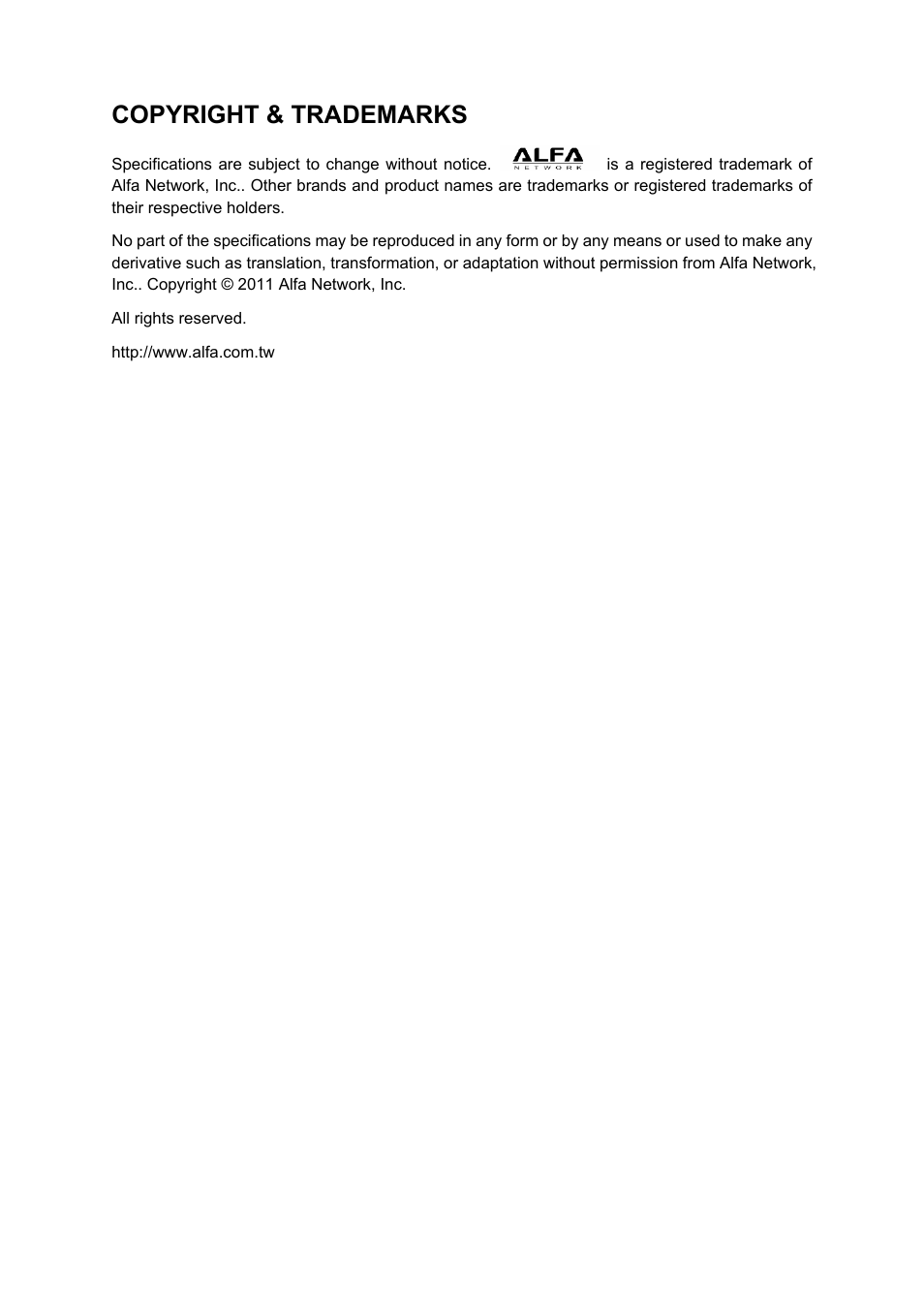 Copyright & trademarks | ALFA NETWORK AWAP411 User Manual | Page 2 / 61