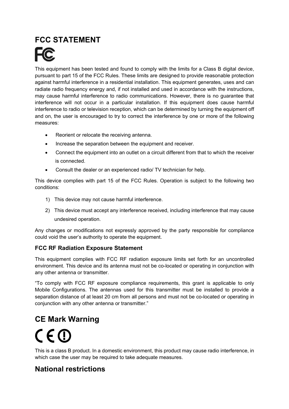Fcc statement, Ce mark warning, National restrictions | ALFA NETWORK AWAP411 User Manual | Page 3 / 61