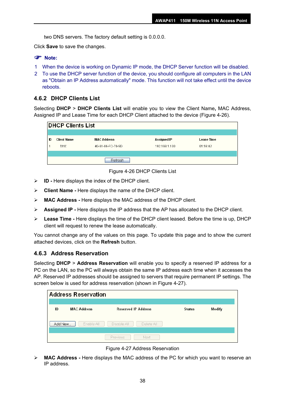 2 dhcp clients list, 3 address reservation, Dhcp clients list | Address reservation | ALFA NETWORK AWAP411 User Manual | Page 44 / 61
