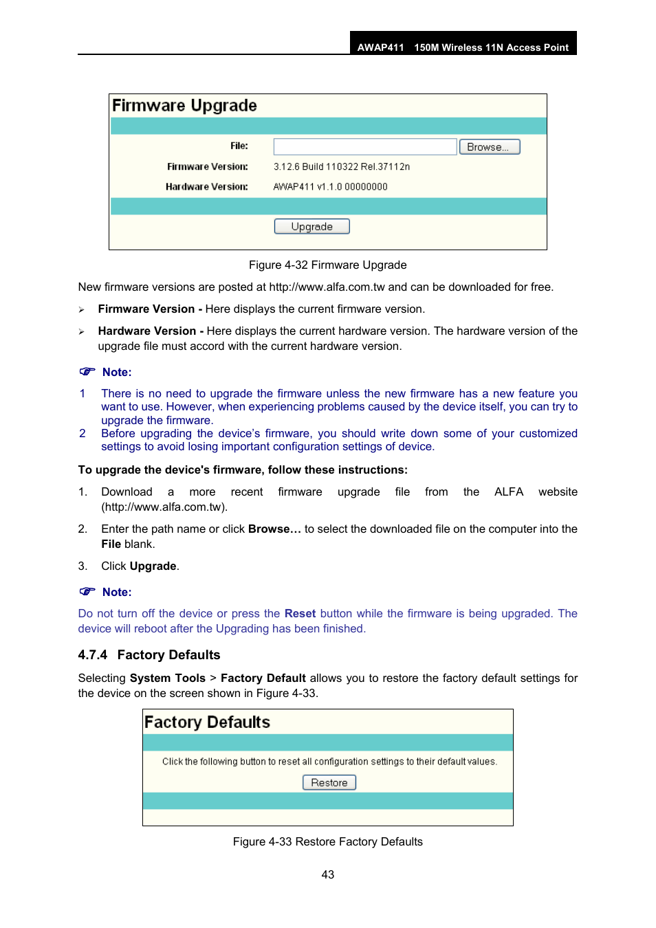 4 factory defaults, Factory defaults | ALFA NETWORK AWAP411 User Manual | Page 49 / 61