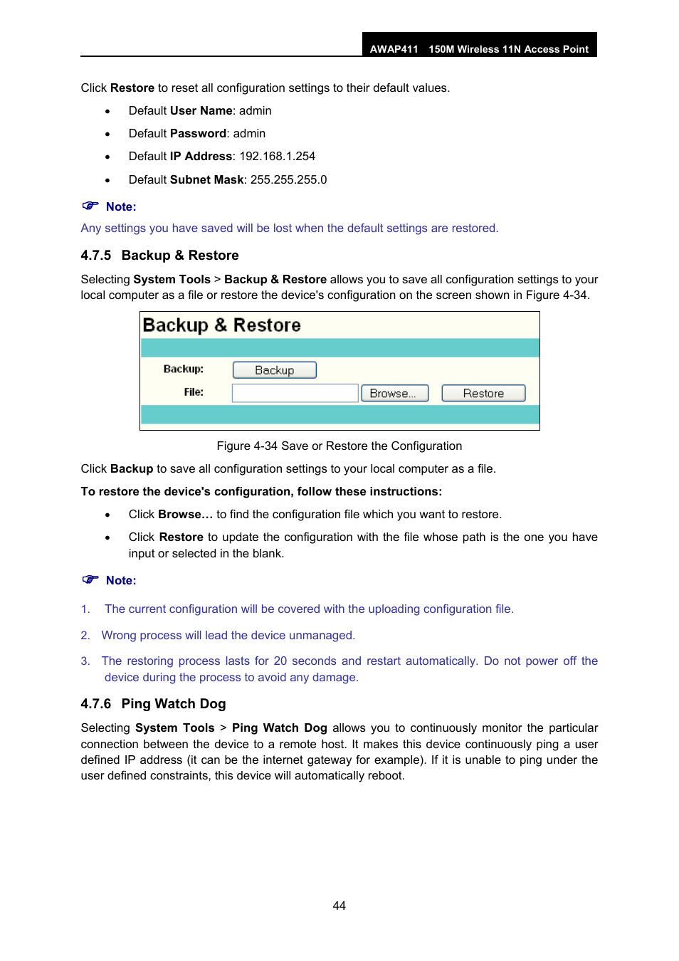 5 backup & restore, 6 ping watch dog, Backup & restore | Ping watch dog | ALFA NETWORK AWAP411 User Manual | Page 50 / 61