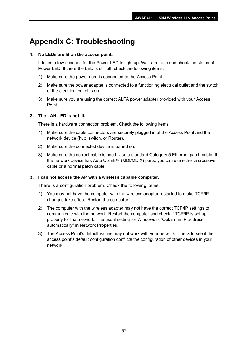 Appendix c: troubleshooting | ALFA NETWORK AWAP411 User Manual | Page 58 / 61