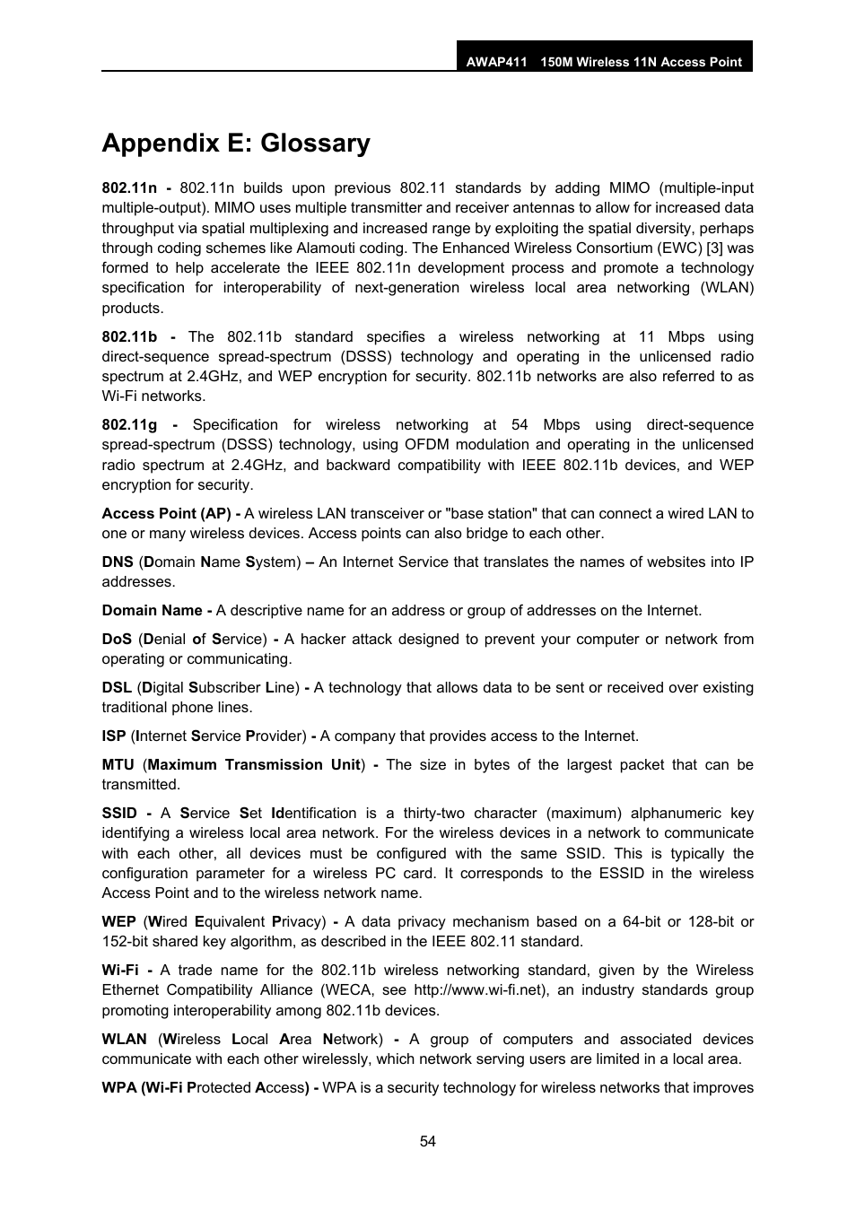 Appendix e: glossary | ALFA NETWORK AWAP411 User Manual | Page 60 / 61