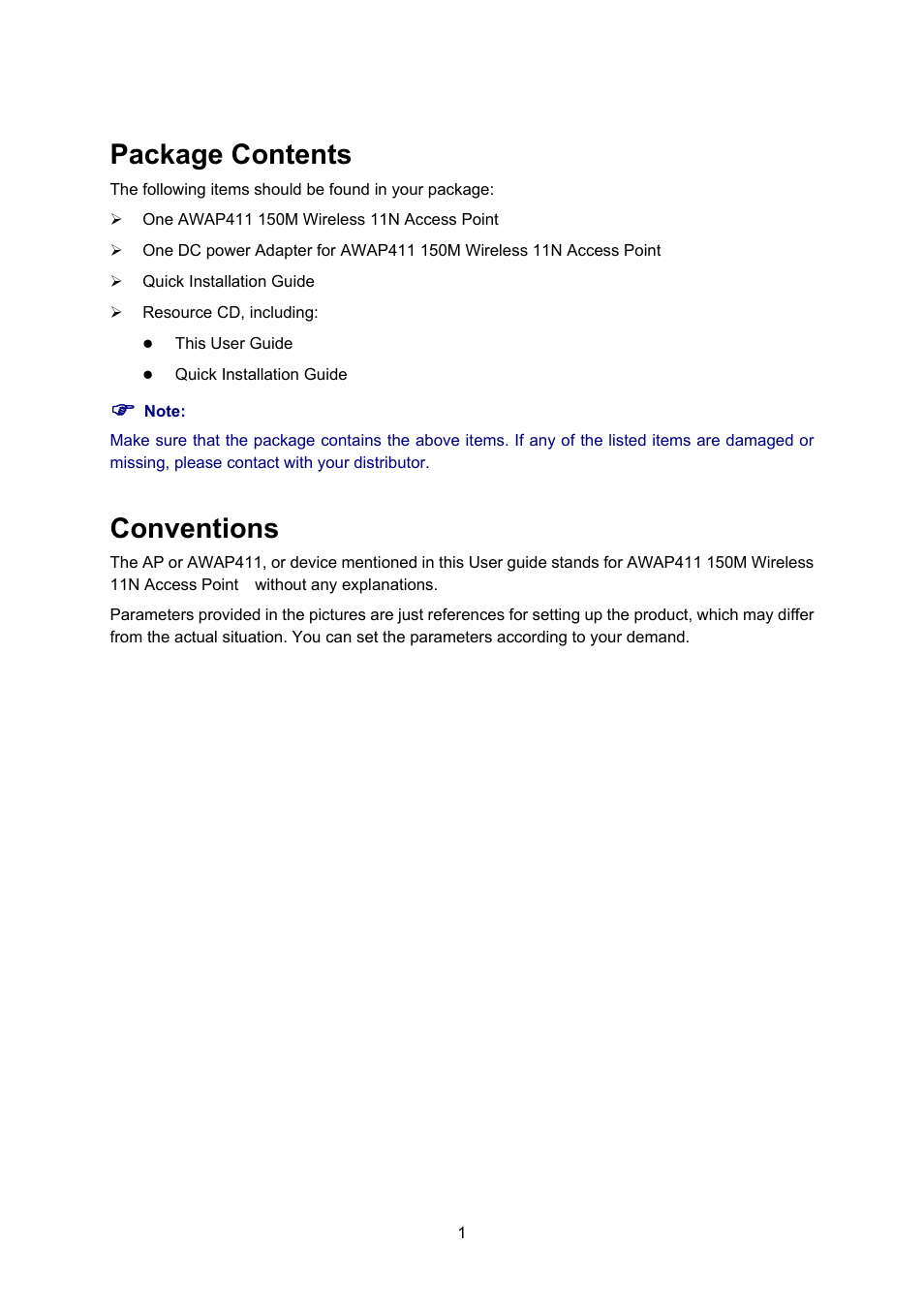 Package contents, Conventions | ALFA NETWORK AWAP411 User Manual | Page 7 / 61