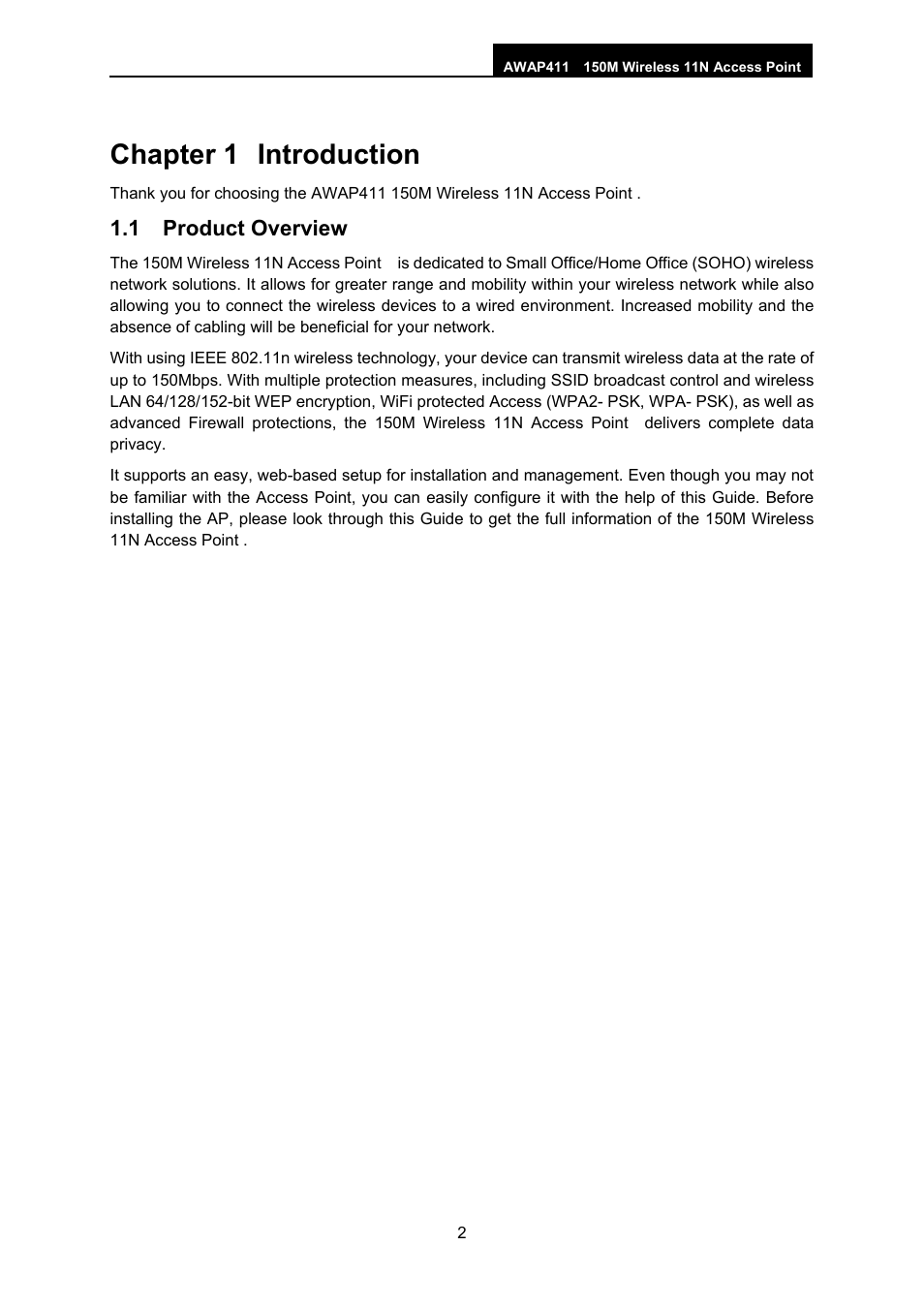Chapter 1 introduction, 1 product overview, Chapter 1 | Introduction, Product overview | ALFA NETWORK AWAP411 User Manual | Page 8 / 61