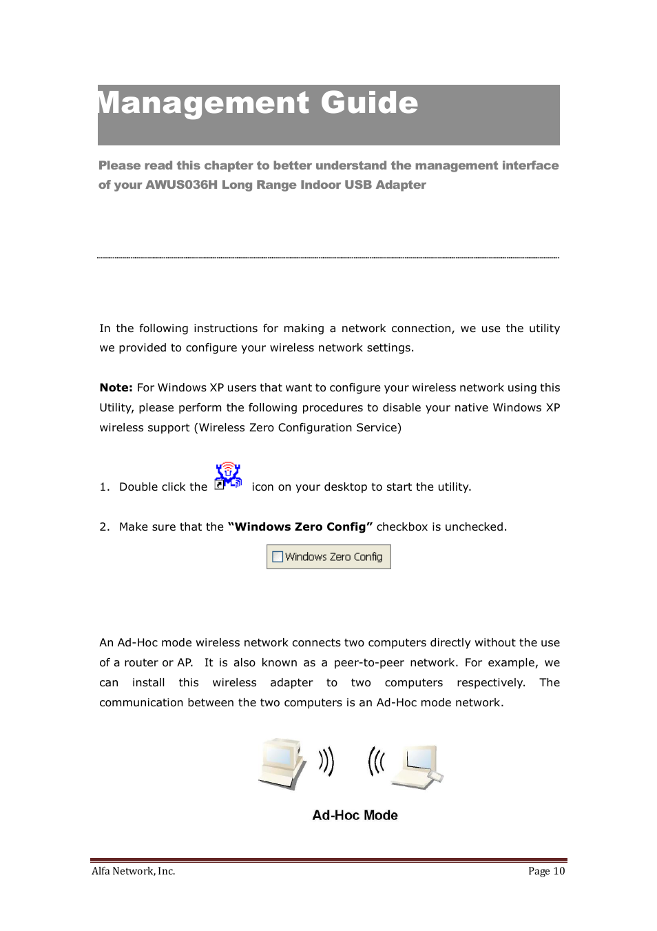 Management guide, Making a basic network connection, Ad-hoc mode | Before you start | ALFA NETWORK AWUS036H User Manual | Page 10 / 30