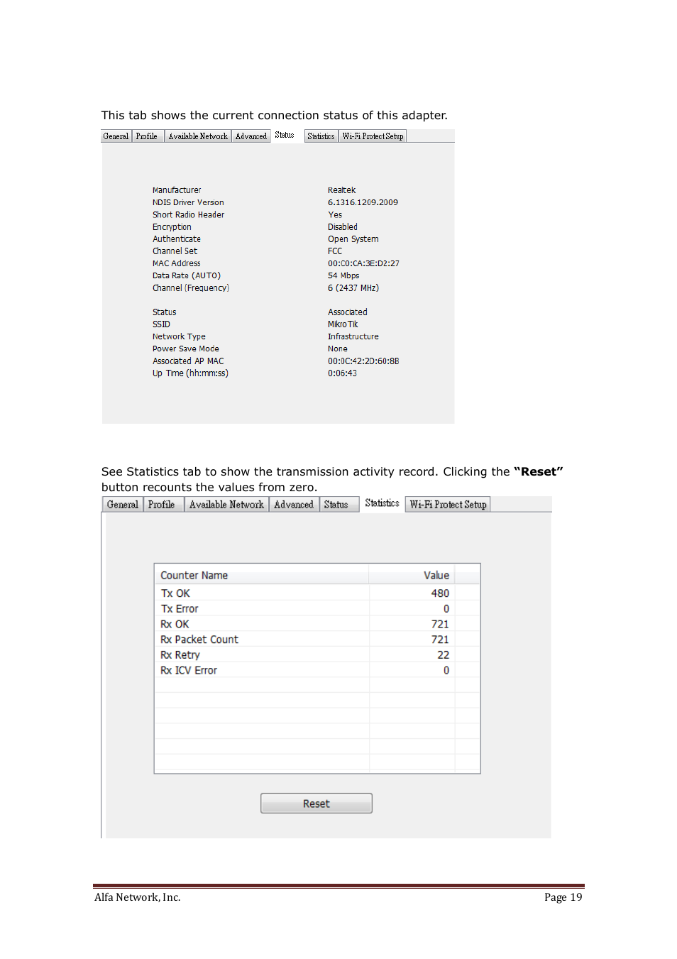 Status, Statistics | ALFA NETWORK AWUS036H User Manual | Page 19 / 30