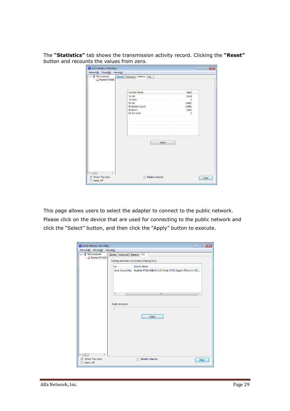 Statistics, Ics (internet connection sharing) | ALFA NETWORK AWUS036H User Manual | Page 29 / 30