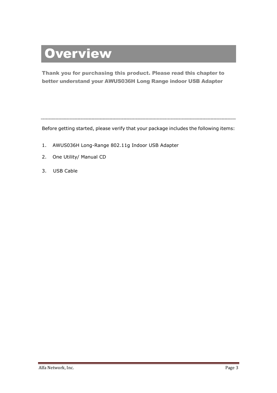 Overview, Unpacking information | ALFA NETWORK AWUS036H User Manual | Page 3 / 30
