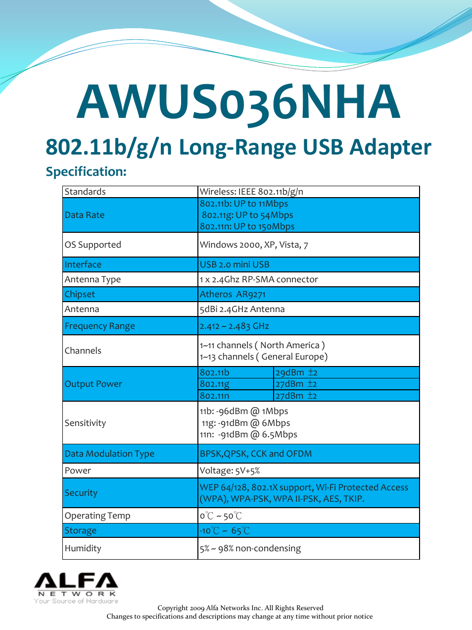 Awus036nha, 11b/g/n long-range usb adapter, Specification | ALFA NETWORK AWUS036NHA User Manual | Page 2 / 2