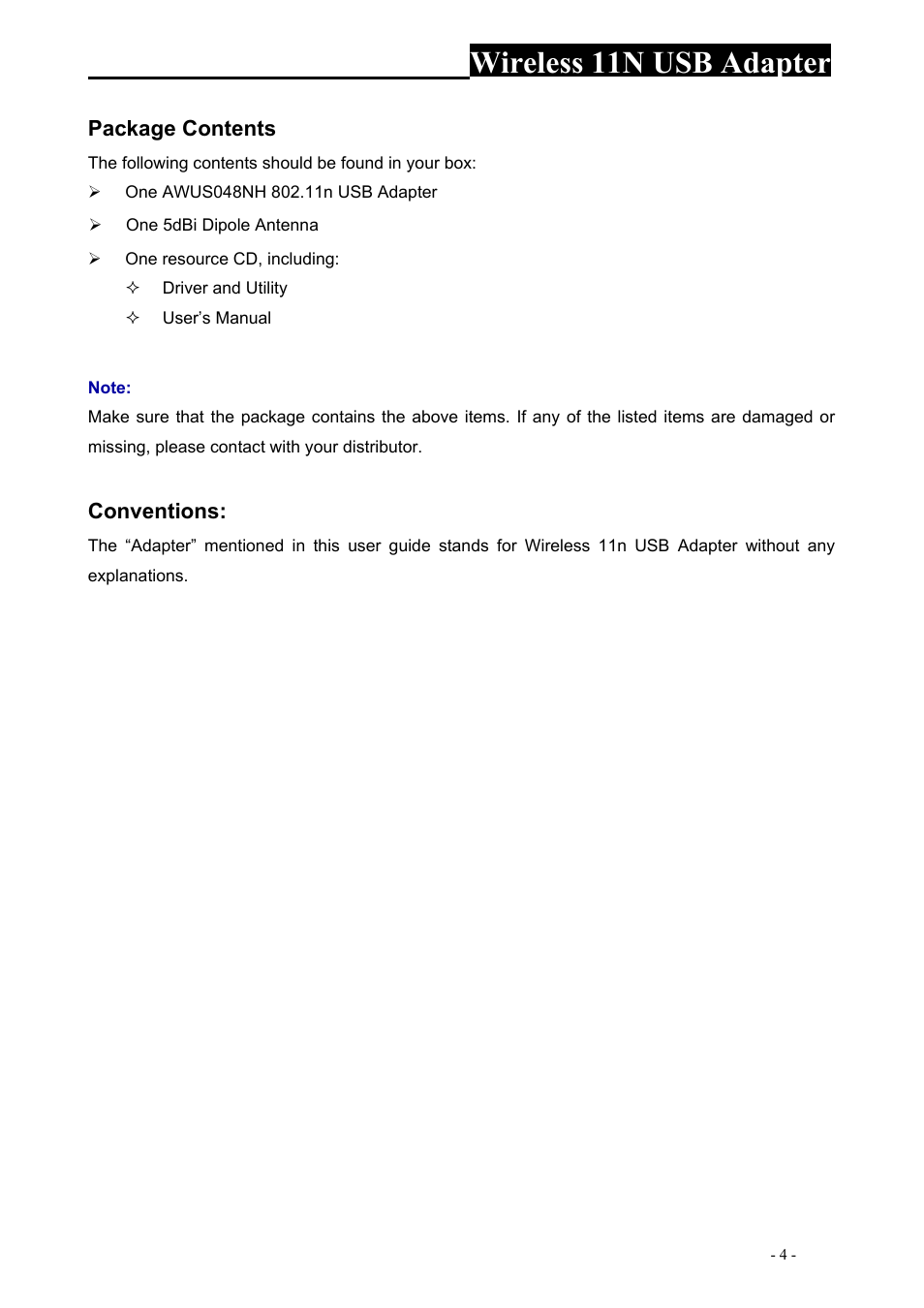 Wireless 11n usb adapter, Package contents, Conventions | ALFA NETWORK AWUS048NH User Manual | Page 4 / 62