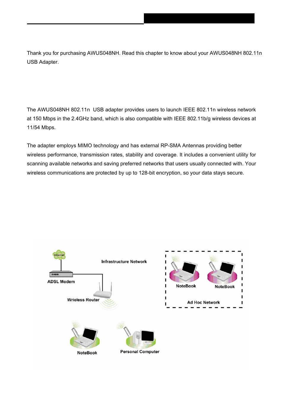 Chapter 1 introduction, 1 overview of the product, 2 application diagram | Chapter 1, Introduction, Wireless 11n usb adapter | ALFA NETWORK AWUS048NH User Manual | Page 7 / 62