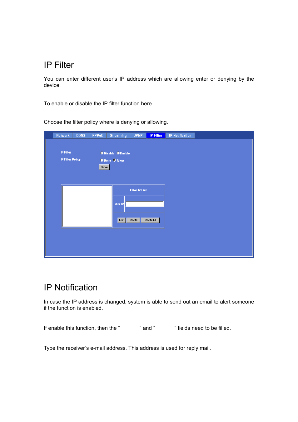 Ip filter, Ip notification | ALFA NETWORK AIPC933D User Manual | Page 35 / 91