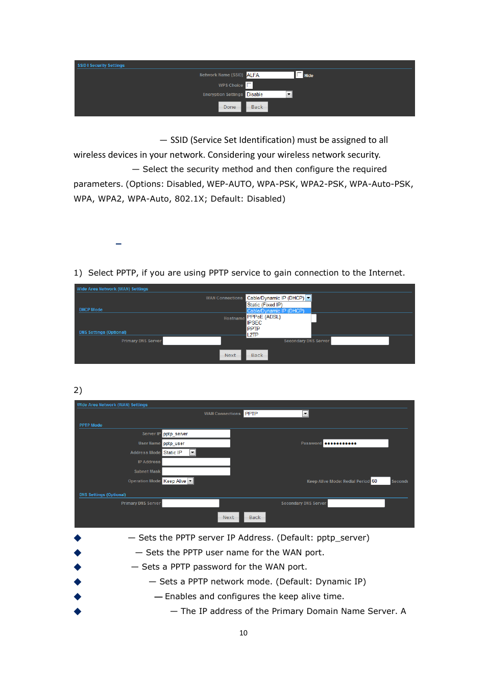 Ettings, Pptp, L2tp | ALFA NETWORK Bridge5-24 User Manual | Page 10 / 45