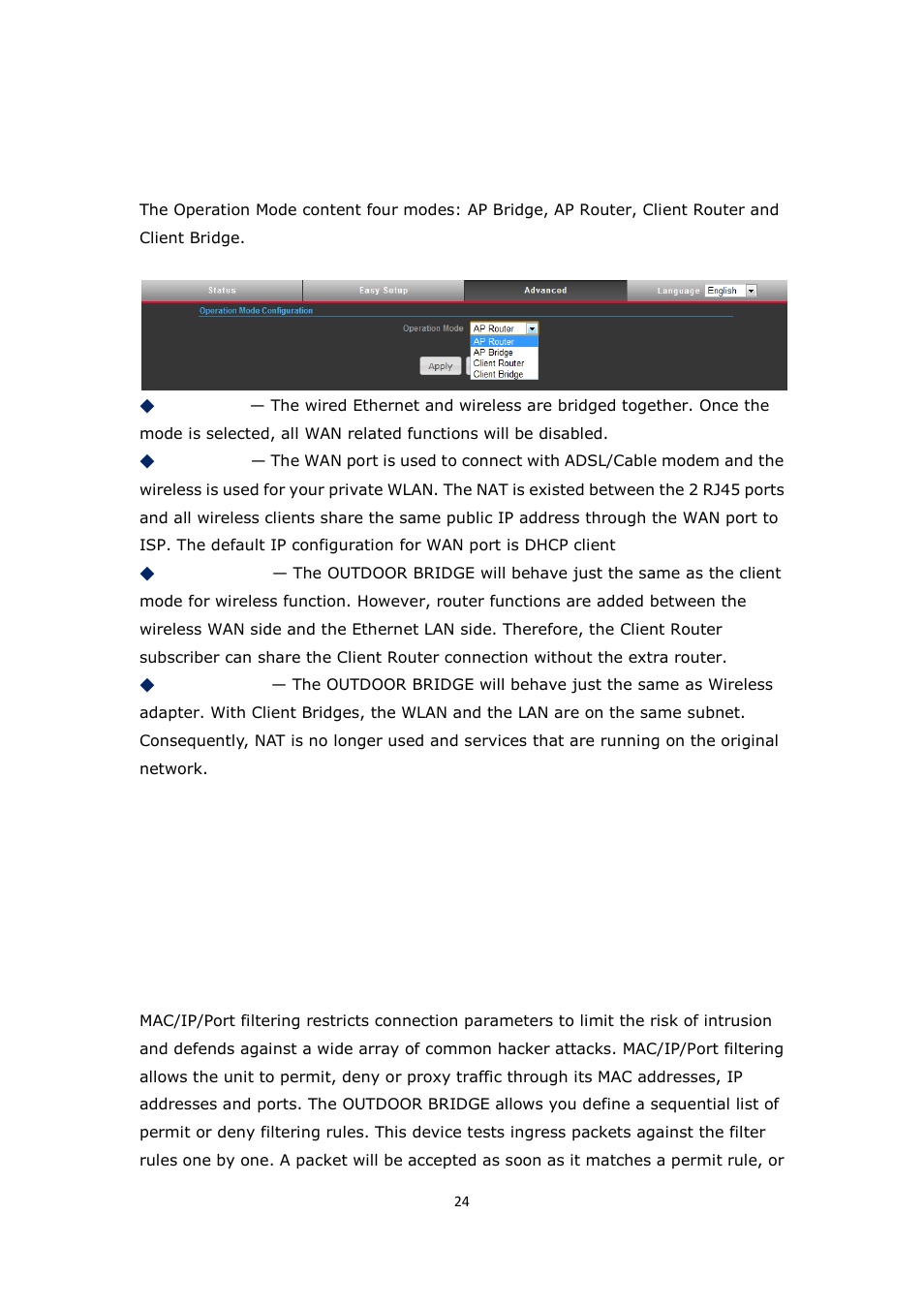 Peration, Irewall, Onfiguration | Mac/ip/p, Iltering | ALFA NETWORK Bridge5-24 User Manual | Page 24 / 45