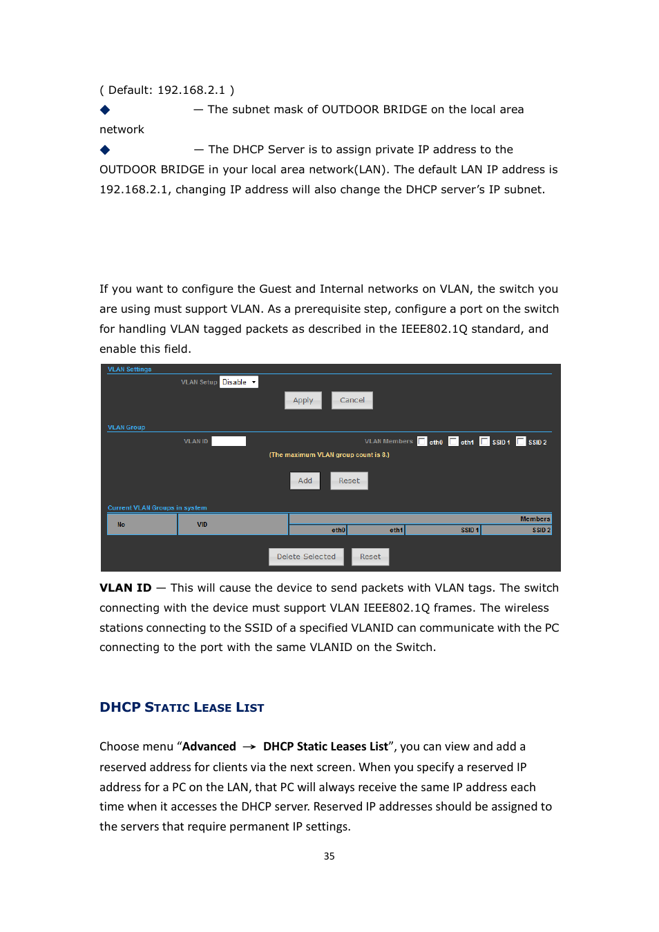 Vlan, Dhcp, Tatic | Ease | ALFA NETWORK Bridge5-24 User Manual | Page 35 / 45