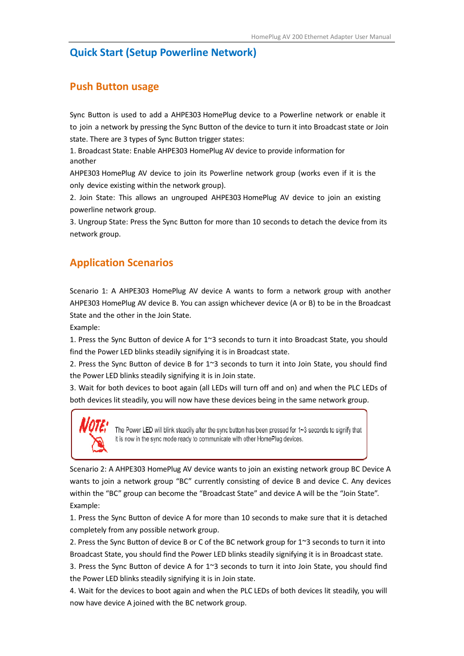 Quick start (setup powerline network), Push button usage, Application scenarios | ALFA NETWORK AHPE303 User Manual | Page 13 / 39