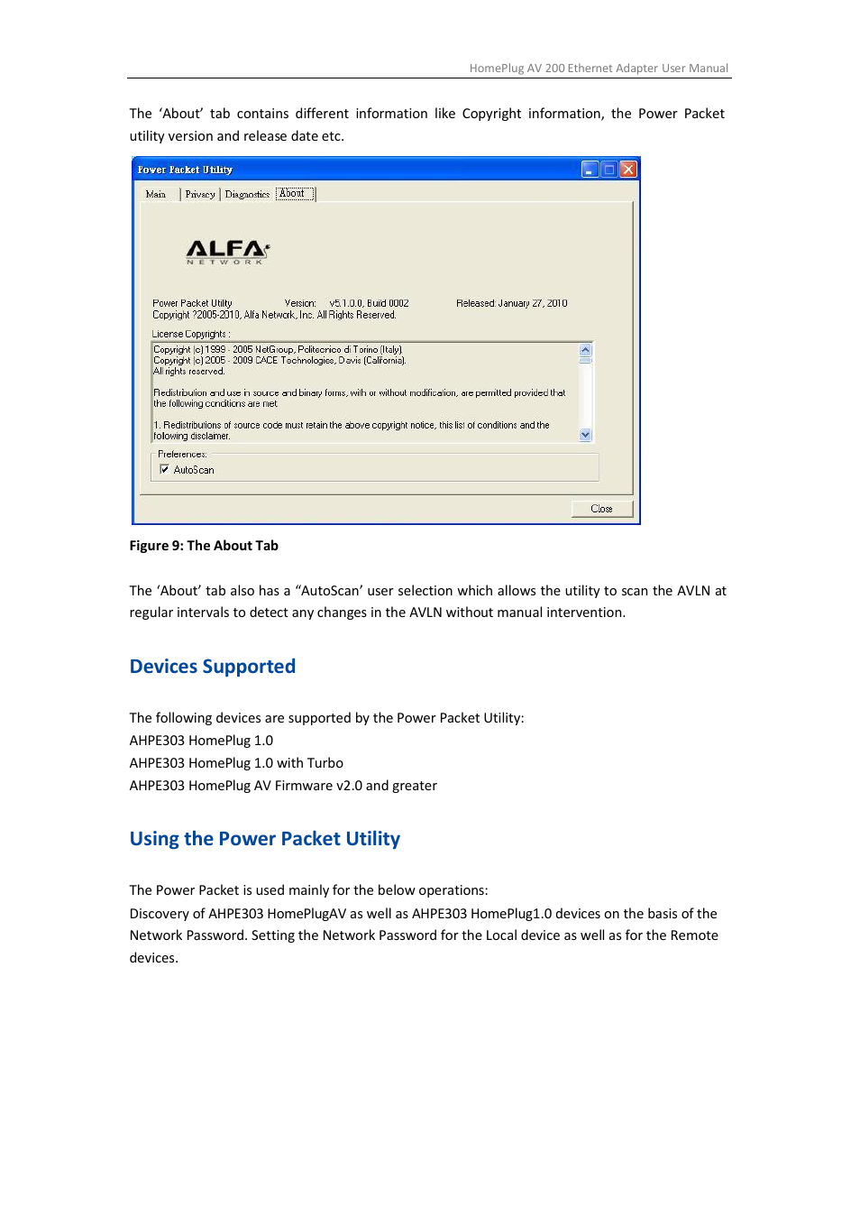 Devices supported, Using the power packet utility | ALFA NETWORK AHPE303 User Manual | Page 34 / 39