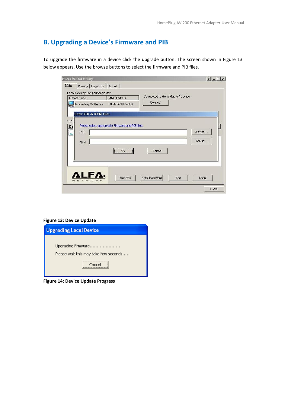 B. upgrading a device’s firmware and pib | ALFA NETWORK AHPE303 User Manual | Page 38 / 39