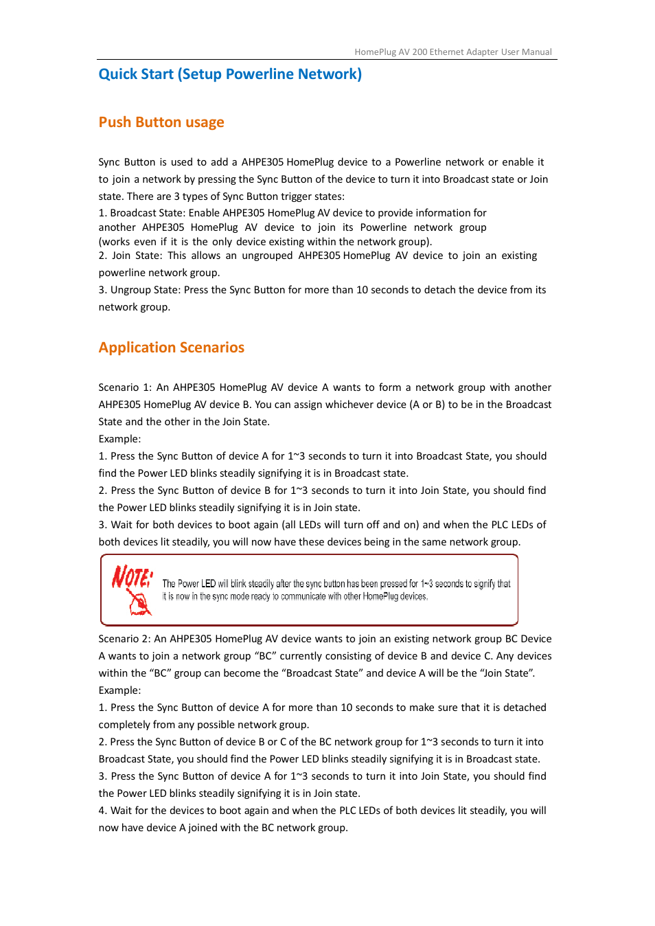 Quick start (setup powerline network), Push button usage, Application scenarios | ALFA NETWORK AHPE305 User Manual | Page 13 / 39