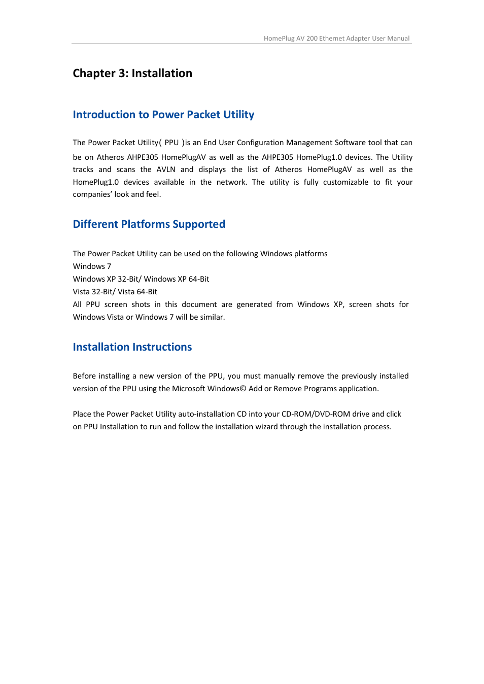Chapter 3: installation, Introduction to power packet utility, Different platforms supported | Installation instructions | ALFA NETWORK AHPE305 User Manual | Page 16 / 39