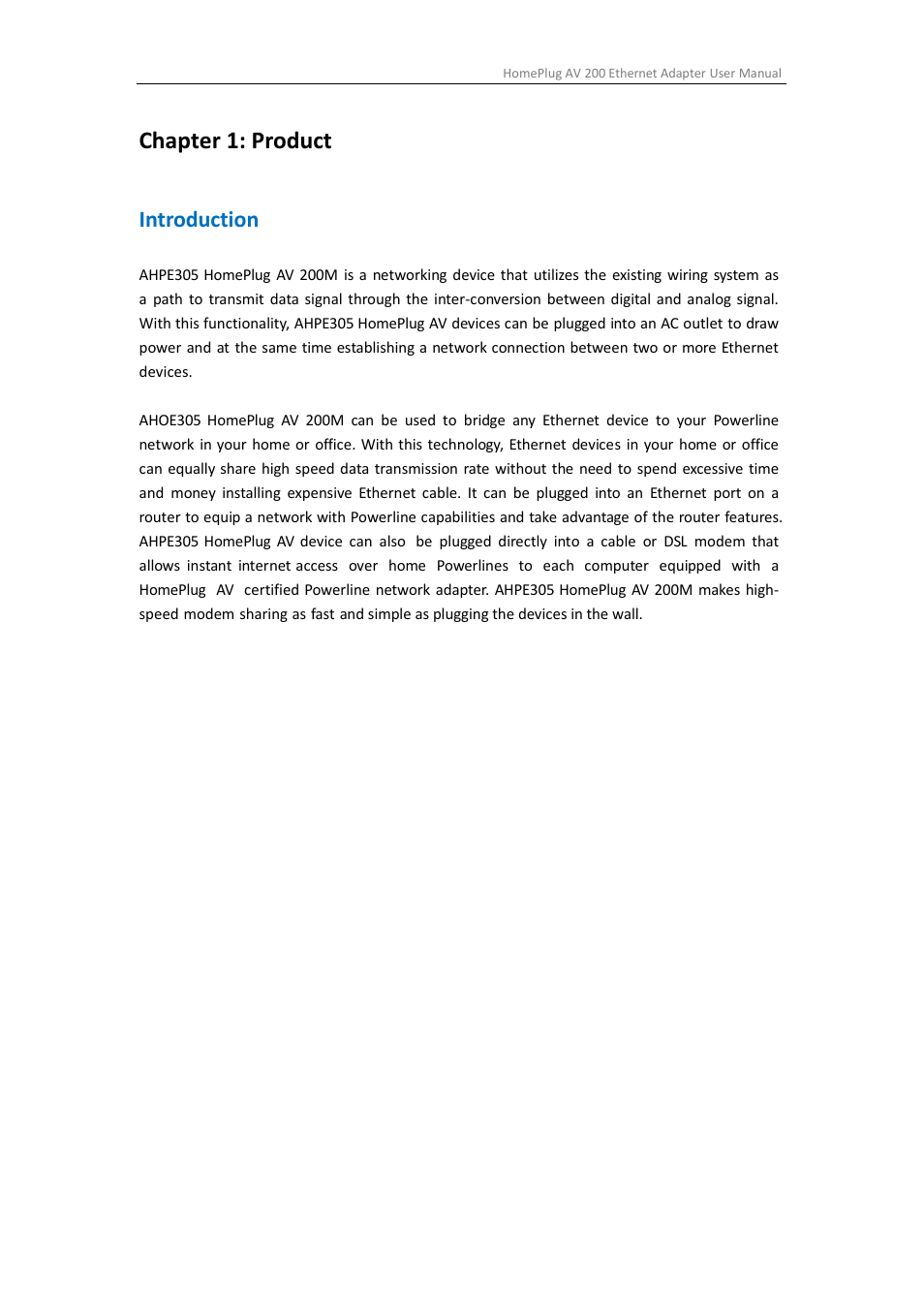 Chapter 1: product, Introduction | ALFA NETWORK AHPE305 User Manual | Page 4 / 39