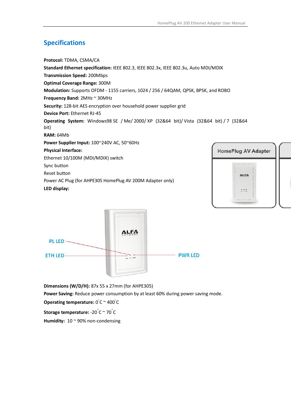 Specifications | ALFA NETWORK AHPE305 User Manual | Page 5 / 39