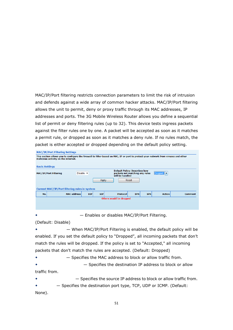 Firewall configuration, Mac/ip/port filtering, Irewall | Onfiguration, Mac/ip/p | ALFA NETWORK R36 User Manual | Page 51 / 57