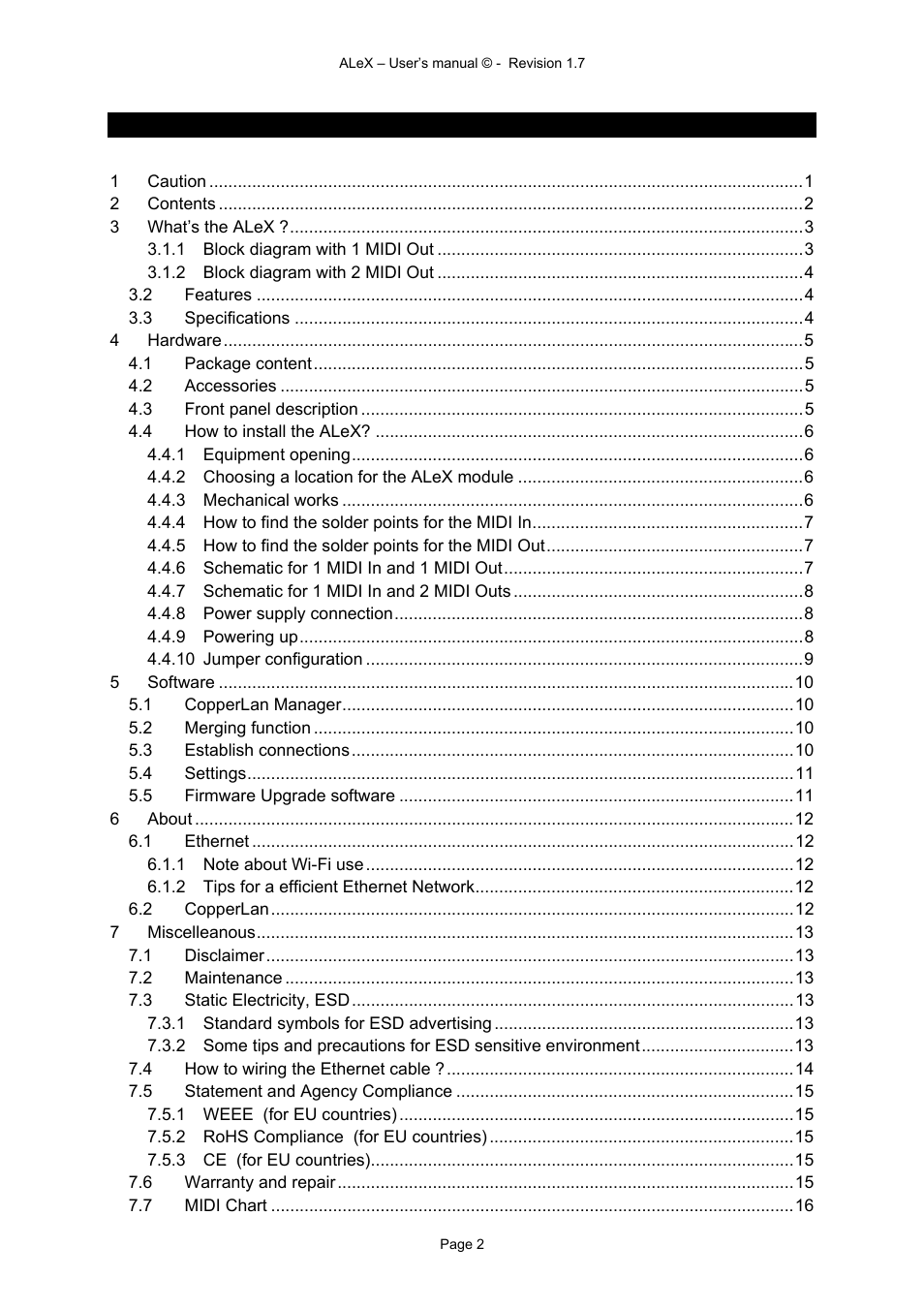 2 contents | Alyseum ALeX User Manual | Page 2 / 16