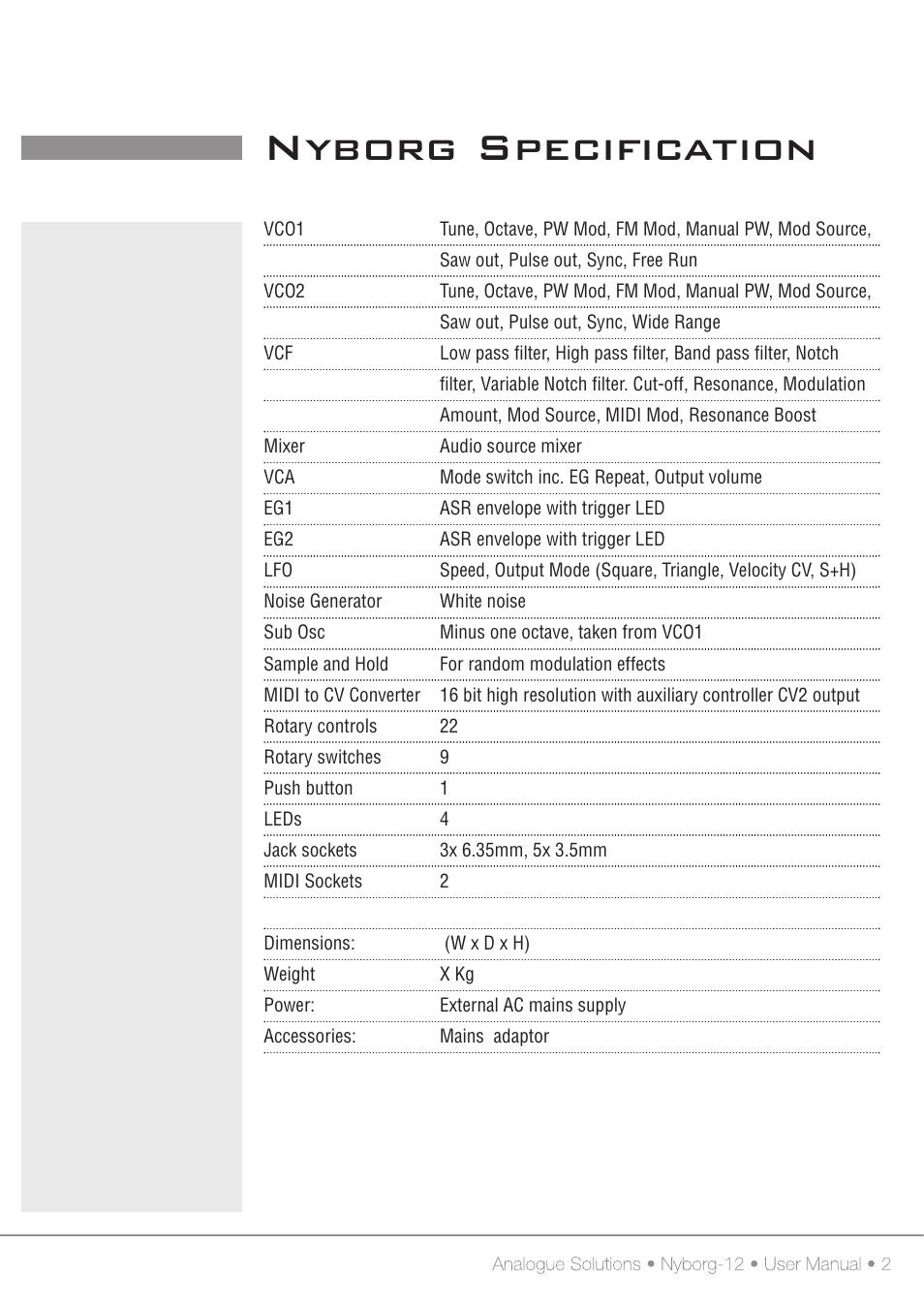 Nyborg specification | Analogue Solutions Nyborg User Manual | Page 26 / 30