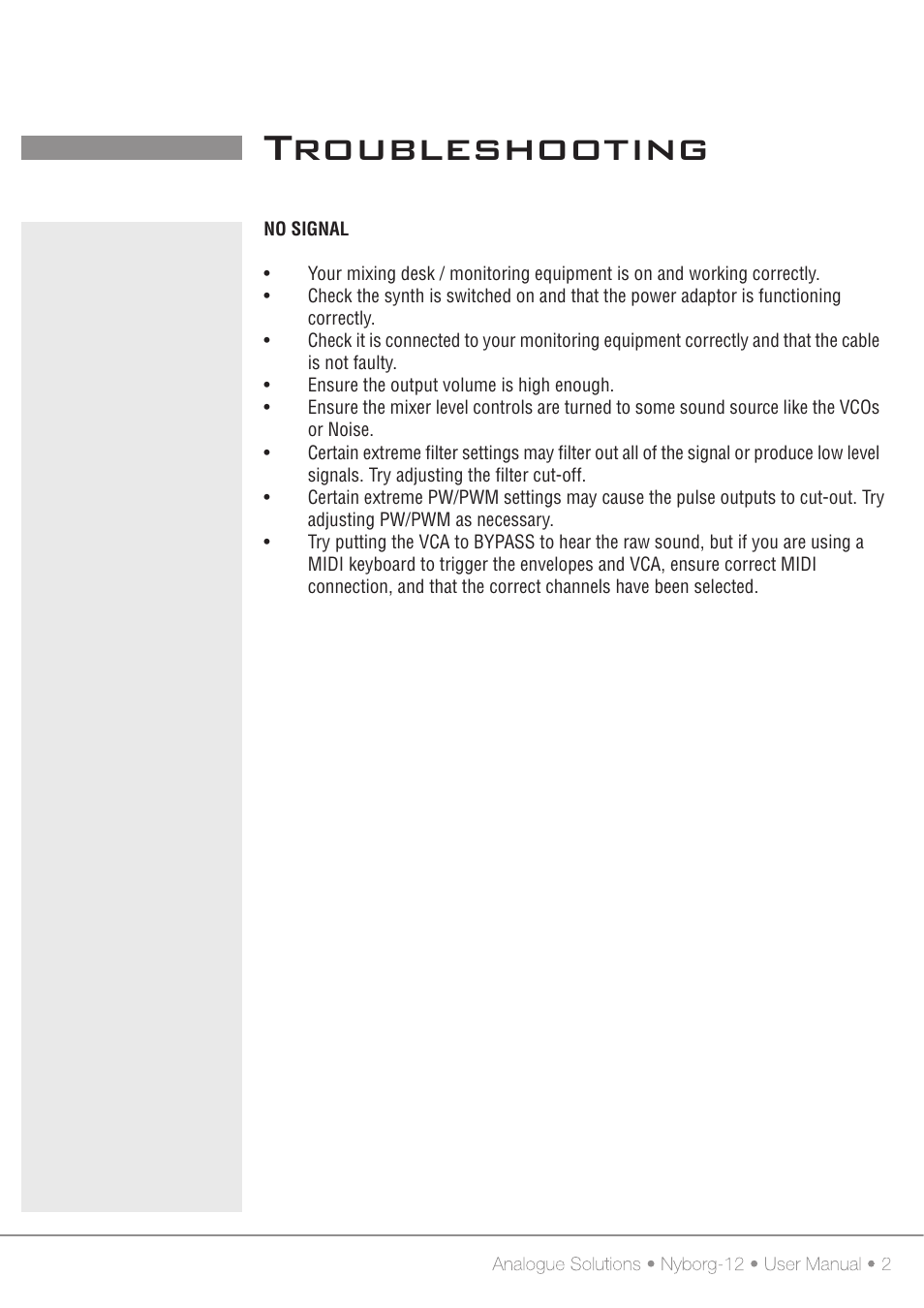 Troubleshooting | Analogue Solutions Nyborg User Manual | Page 27 / 30