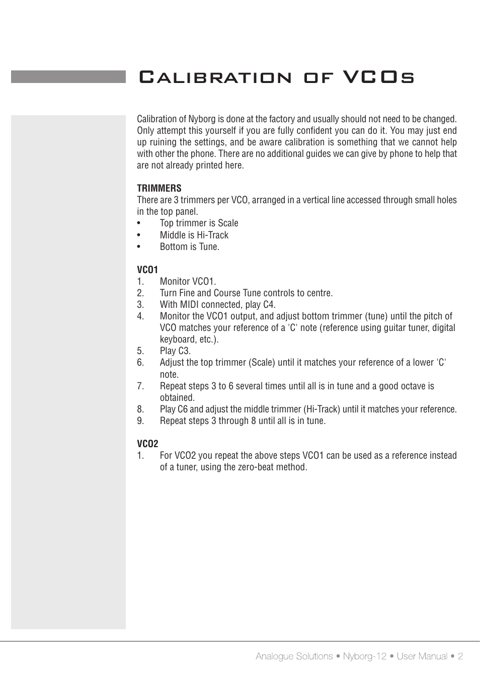 Calibration of vcos | Analogue Solutions Nyborg User Manual | Page 28 / 30